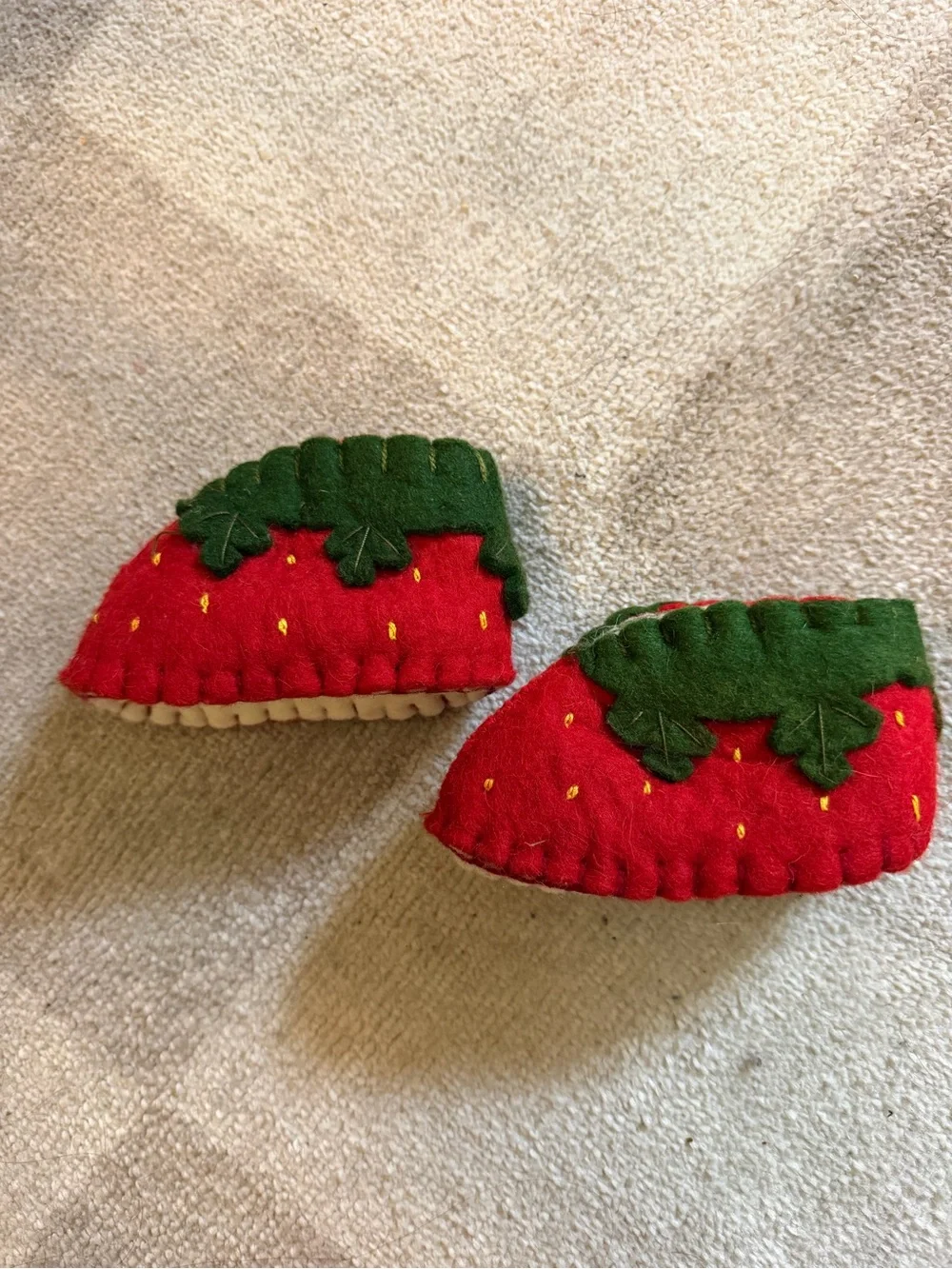 Kids Strawberry Knit Slippers in Red with Green Trim